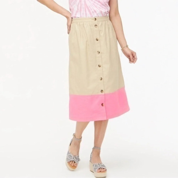 J. Crew Linen Blend Tan & Pink Midi Color Block Button Down Skirt Plus Size XXL - Picture 1 of 5